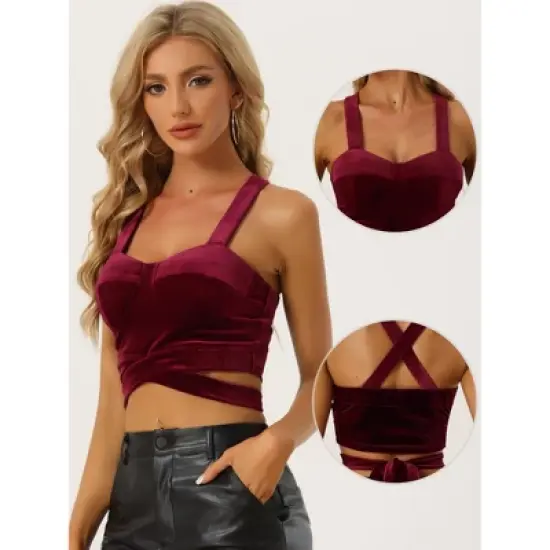 Allegra K Women's Party Velvet Sleeveless Spaghetti Strap Deep V Crop Cami Tank Top image {1}