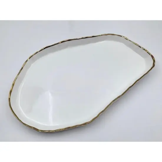 Jiallo 12" Simplicity Collection White Porcelain Gold Trim Freestyle Oval Shape Tray image {2}