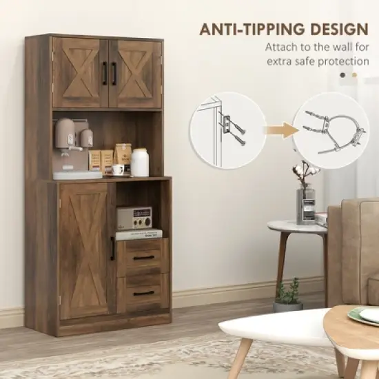 HOMCOM Farmhouse Kitchen Pantry, 71" Tall Storage Cabinet with Microwave Oven Countertop image {4}