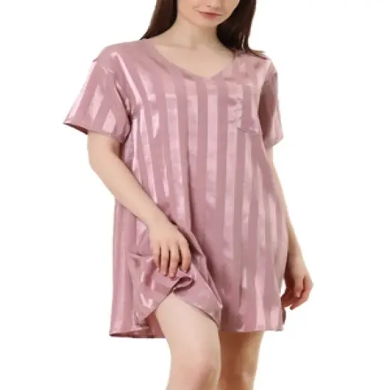 cheibear Womens  Sleepwear Pajama Dress Lounge Short Sleeve Striped Nightgown image {8}