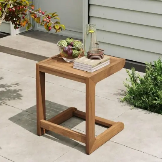 Outdoor C-Shaped Acacia Wood End Table,Small End Table for Deck or Balcony,Modern Square Outdoor Small Spaces Accent Table-Cuddlewood image {7}
