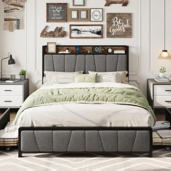 Garvee Upholstered Bed Frame with 2 Storage Drawers, Power Outlet, Queen Bed Platform with Storage Headboard, Noise Free, No Box Spring Needed image {6}