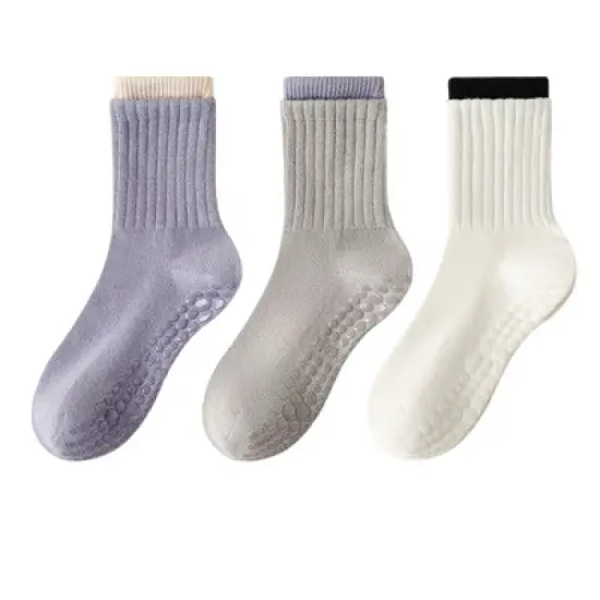 Anna-Kaci Womens Non-Slip Grip Crew Socks 3 Pair Pack Custom Color Combos Soft Ribbed Cotton with 3D Silicone Heel image {12}