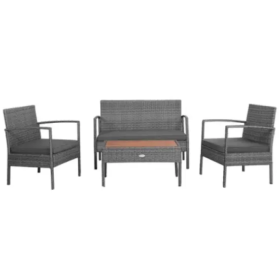 Costway 4PCS Patio Rattan Furniture Set Cushioned Chair Wooden Tabletop Gray image {1}