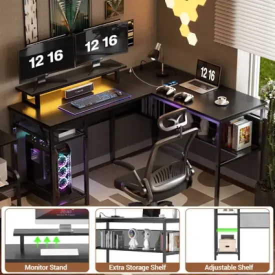 Aheaplus 55.5'' Reversible L-shaped Desk with Power Outlets and RGB LED Lights, Computer Table with CPU Stand and Monitor Stand image {5}