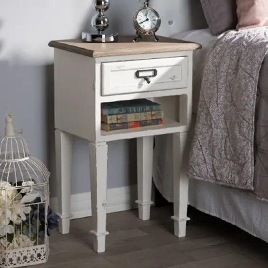 Dauphine 1 Drawer Provincial Style Oak and Distressed Finish Wood Nightstand White - Baxton Studio image {5}