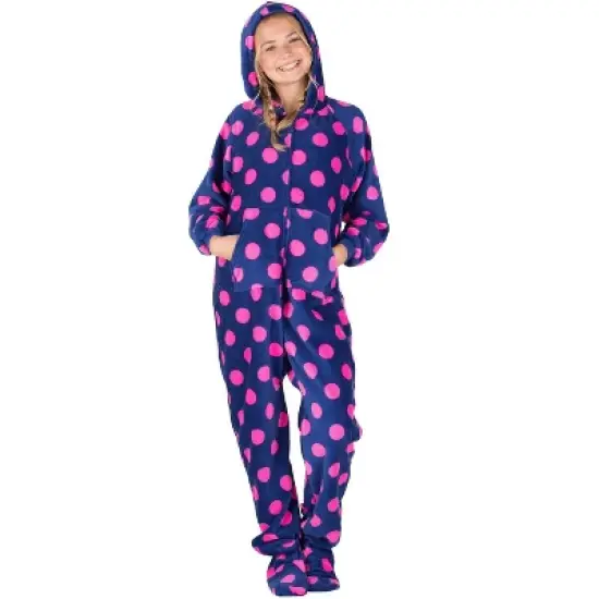 Footed Pajamas - Navy Pink Polka Kids Hoodie Chenille Onesie image {1}