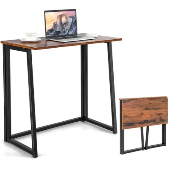 Costway Folding Computer Desk No Assembly Study Writing Table for Small Spaces Walnut/Black/Brown/White image {11}