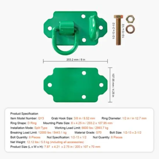 VEVOR 3/8" Tractor Bucket Hooks with Tie Down Ring, Grade 70 Forged Steel 2 Pack Bolt-On Grab Hook with Back Plates Work Well, Green image {7}