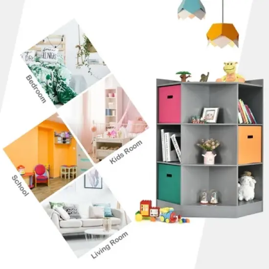 Costway 3-Tier Kid Storage Shelf Cubes w/3 Baskets Corner Cabinet Organizer Gray image {7}