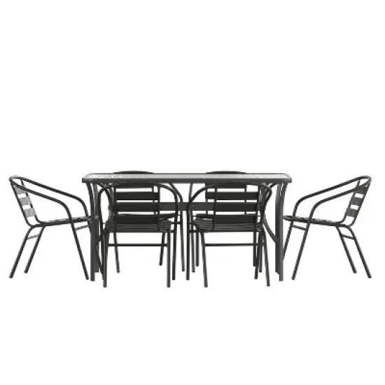 Emma and Oliver 7-Piece Patio Dining Table and Chairs Set with 60" Tempered Glass Top Table, 6 Stack Triple Slat Chairs in Black image {9}