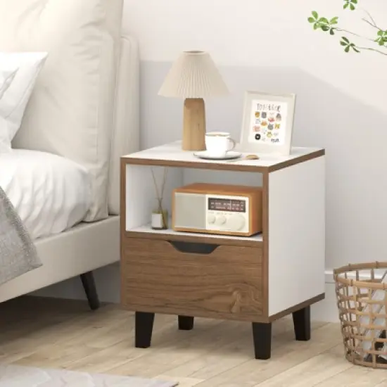 Tangkula 2PCS Nightstand Mid Century Modern Bedside Table w/ Drawer Open storage Shelf image {1}