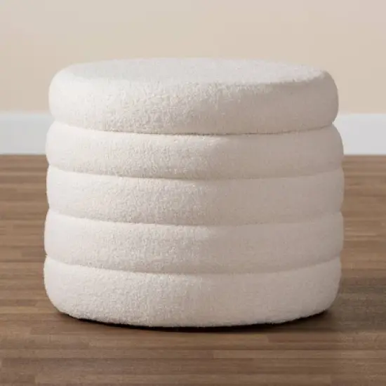 Tabitha Boucle Upholstered Storage Ottoman Ivory - Baxton Studio: Contemporary Round, No Assembly Required image {6}
