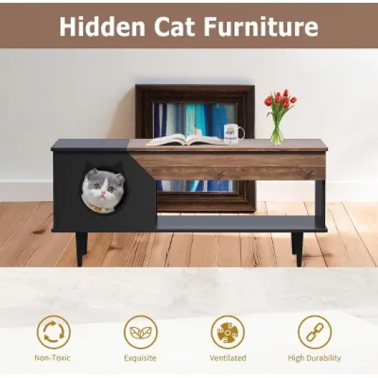 45" Coffee Table with Cat House - Hidden Litter Box Furniture with Storage Drawer Rustic image {2}