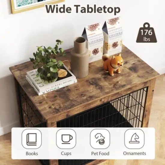 Costway 33&rdquo; Dog Kennel w/ Chew-Resistant Metal Frame & Soft Mat Double Doors Dog Crate End Table image {6}