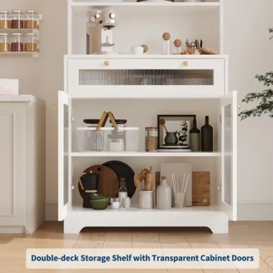 62" Pantry Cabinet - 6-Tier Freestanding Tall Cupboard Storage Unit with Glass Doors, 1 Drawer,2 Cabinets & 3 Open Shelves for Kitchen Dining Room image {6}