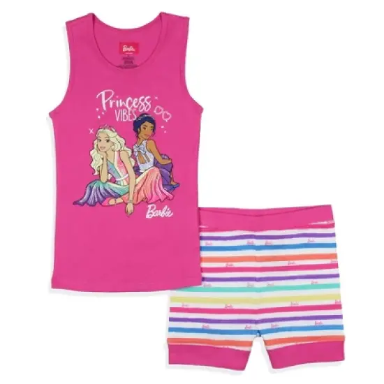 Barbie Girls' Princess Vibes Characters Sleep Pajama Set Tank Top Shorts Pink image {6}