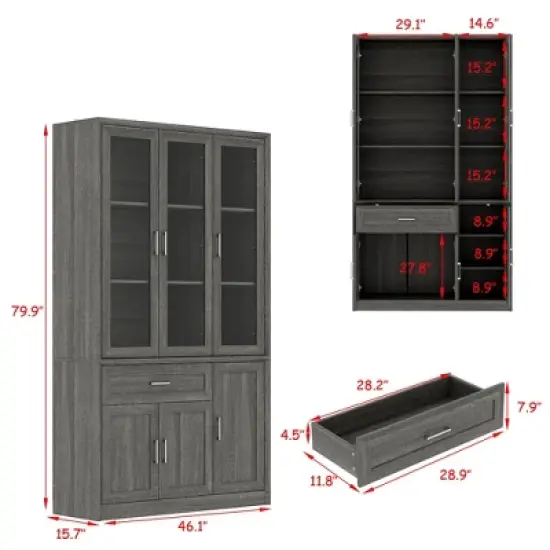 Famapy Dark Multi-Compartment Kitchen Pantry Cabinet,4 Shelf & 3 Glass Doors,Food Storage,Dinning Room image {11}