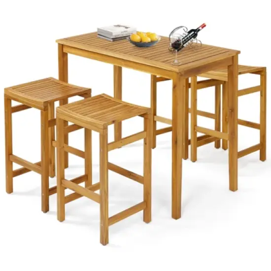 Costway 5 PCS Acacia Wood Bar Table Set 45" Rectangular Dining Table & 4 Saddle Stools image {1}