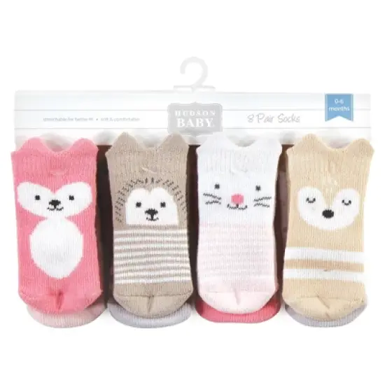 Hudson Baby Infant Girl Cotton Rich Newborn and Terry Socks, Girl Woodland 8-Pack image {1}