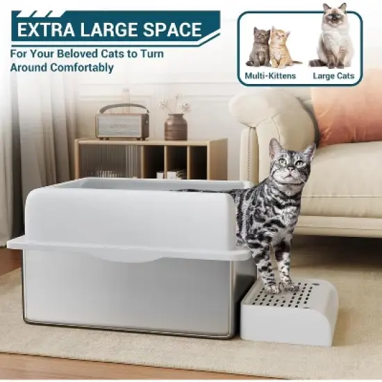 Stainless Steel Cat Litter Box with Cleaning Pedal, 6/8 Inch Deep, Dark Gray, High Wall Non-Stick Leak-Proof Cat Box, Easy to Clean for Indoor Cats image {6}