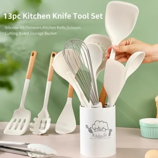 SUGIFT 13-Piece Silicone Kitchen Utensil Set with Wooden Handles &ndash; Heat-Resistant Cooking Tools with Storage Bucket image {3}