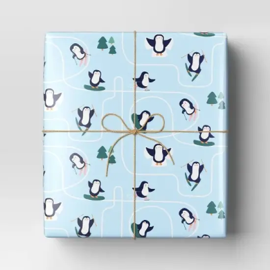 40" 125 sq ft Christmas Roll Wrap Playful Penguins on Blue&nbsp; - Wondershop&trade; image {1}