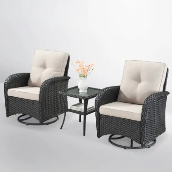 POCASSY Black Wicker Patio Furniture Set Outdoor Swivel Rocker Patio Glider Chairs Set of 2 with Side Table for Porch Balcony in Beige Cushion image {2}