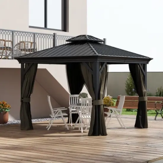 Outsunny Patio Gazebo, Netting & Curtains, 2 Tier Double Vented Steel Roof, Hardtop, Ceiling Hooks, Rust Proof Aluminum image {2}