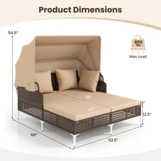 Tangkula Outdoor Daybed w/ Retractable Canopy PE Wicker Rattan Patio Double Chaise Lounger image {8}