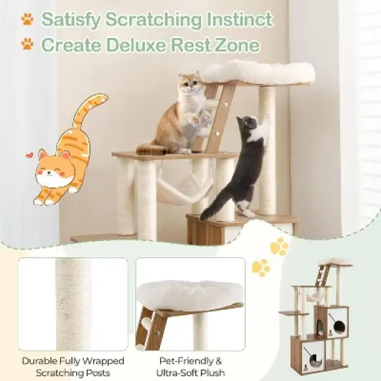 Tangkula Modern Cat Tree 57" Wood Cat Tower with Sisal Scratching Posts Padded Top Perch 2 Cat Condos Hanging Hammock & Climbing Ladder image {3}