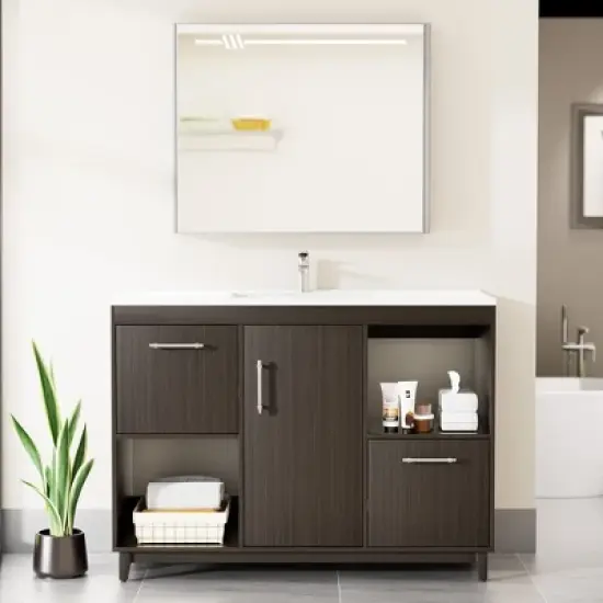 HYLEORY 48.03 in. W X 18.11 in. D X 35.04 in. H Basin Vanity with White Marble Top, Drawers and Open Shelf image {10}