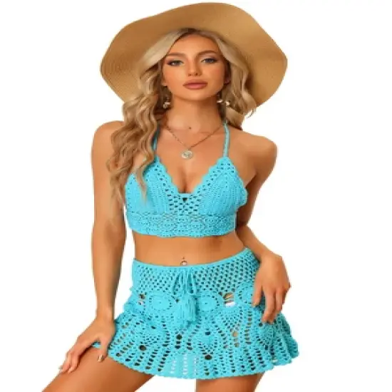 Allegra K Women's Hollow Out Cami Top Mini Skirt Summer Beach Crochet Knit Bikini Sets 2 Pcs image {6}