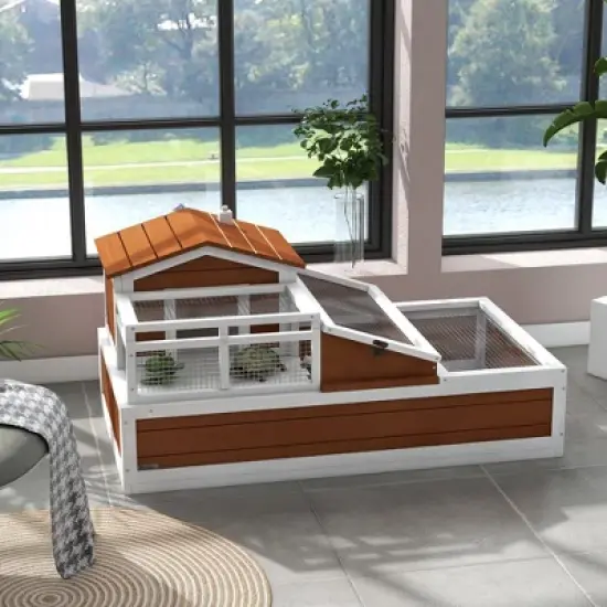 PawHut Big 3-Room Tortoise Habitat House with Balcony & 2 Stories, Wooden Indoor/Outdoor Tortoise Enclosure, Large Reptile Cage image {1}