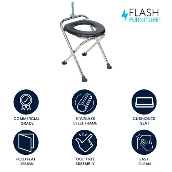 Flash Furniture Medical Grade Folding Travel Toilet with Cushioned Seat and Non-Slip Feet-SIL/BK image {1}