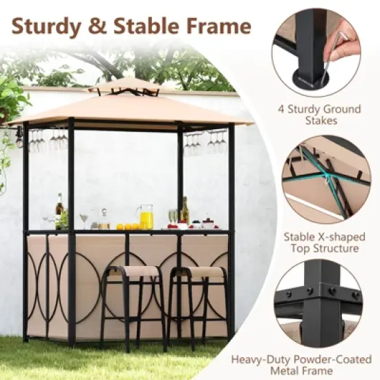 Costway 6.5 x 4 x 8 FT Grill Gazebo Set with 2 Bar Stools, Tempered Glass Bar Table Brown/Gray image {4}