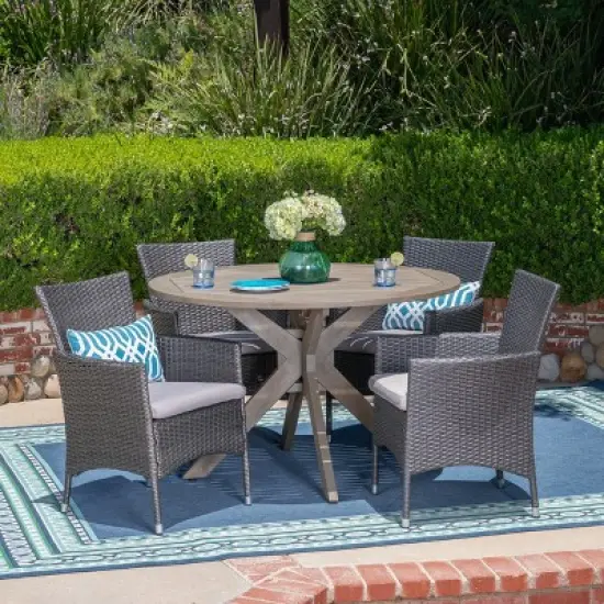 Christopher Knight Home Carroll Outdoor Wicker and Acacia Wood 5 Piece Dining Set with Cushion image {9}