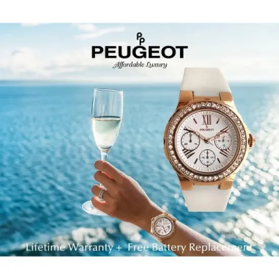 Peugeot Women's Rose Gold Wrist Watch with Crystal Bezel and Silicone Rubber Band image {3}