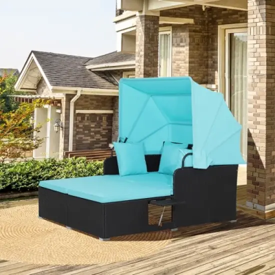 Tangkula Patio Hand-Woven PE Wicker Daybed Outdoor Loveseat Sofa Set w/ Turquoise Cushions image {1}