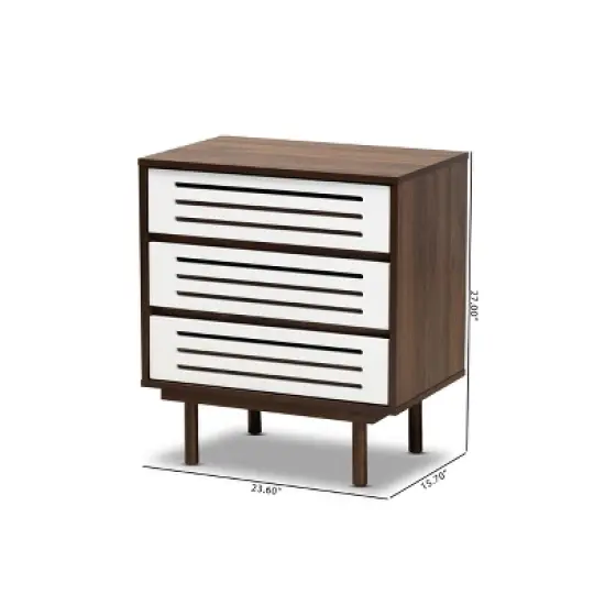 3 Drawer Meike Two-Tone Wood Nightstand Walnut/White - Baxton Studio image {8}