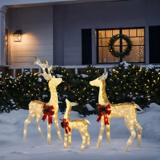 LuxenHome Lighted White & Gold Glitter Deer Family Set, Indoor/Outdoor Christmas Decoration White, Gold, Red, Green image {4}