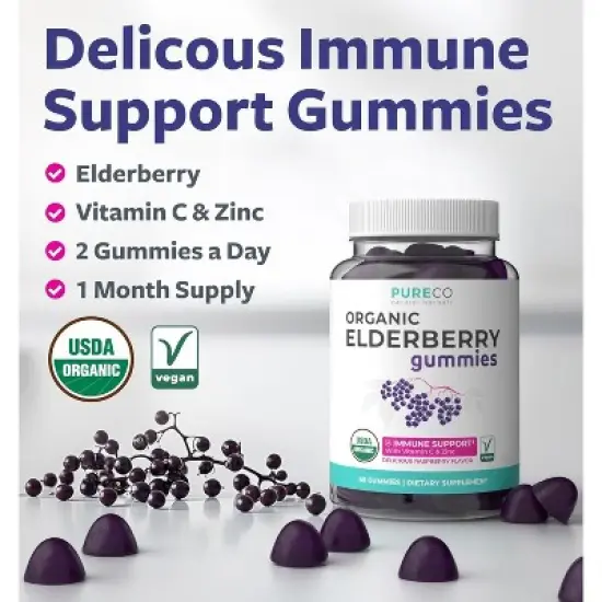Organic Elderberry Gummies for Adults, Immune Support Supplement with Black Elderberry Vitamin C & Zinc for Daily Immunity, Pure Co, 60ct image {1}
