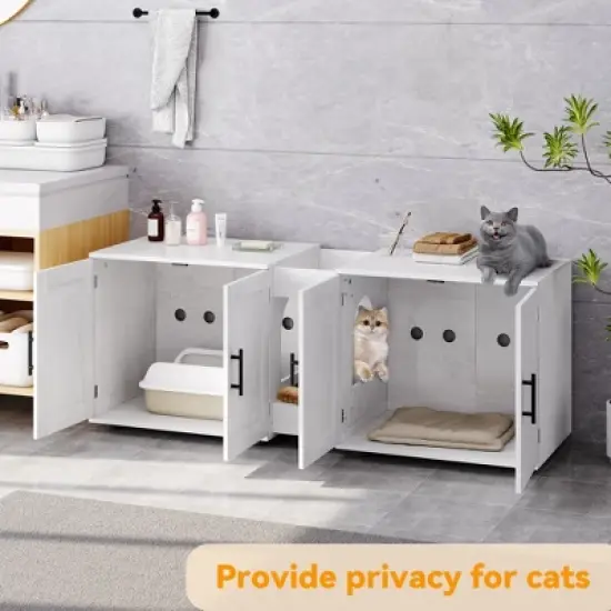 Whizmax Litter Box Enclosure for 2 Cats, Cat Hidden Litter Box Enclosure Furniture with Double Room, Wooden Enclosed Cat Litter Box Furniture,White image {6}