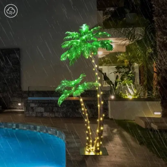 LIGHTSHARE Twin Trunk Solar Lighted Palm Tree LED Outdoor Light Stakes Green image {2}