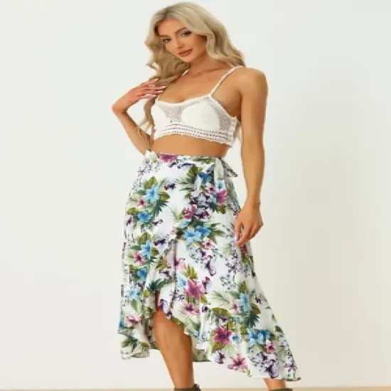 Allegra K Women's Tropical Floral Print Ruffle Self Tie Knot Split Beach Wrap Midi Skirt image {1}