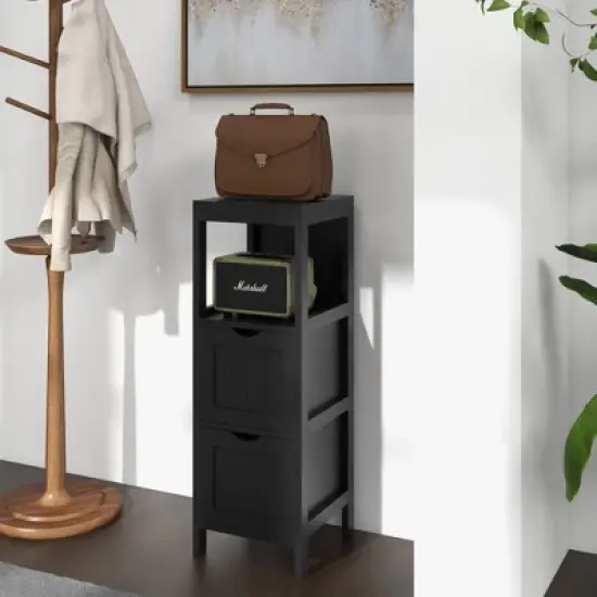 Costway Bathroom Floor Cabinet Freestanding Side Storage Organizer with 2 Removable Drawers Brown/Grey/Black image {3}