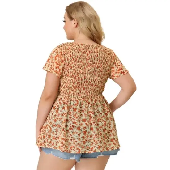 Agnes Orinda Women's Plus Size Chiffon Smock Waist Ditsy Floral Peplum Blouse image {4}