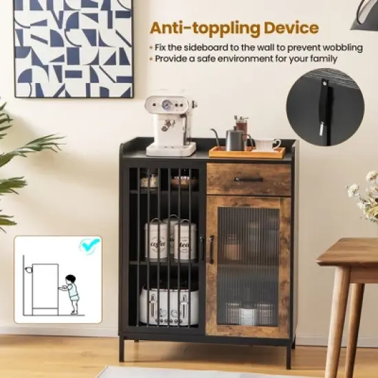 Costway Kitchen Sideboard Buffet Bar Cabinet Accent Cupboard with Metal Glass Door & Drawer image {6}