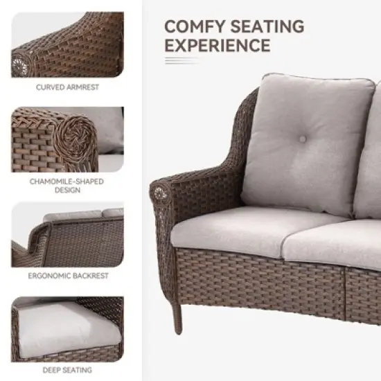 POCASSY 68" Wide Outdoor 3-Seater Sofa Patio Couch, All Weather Brown Wicker Patio Couch with Cushions for Porch Deck Backyard Pool image {4}