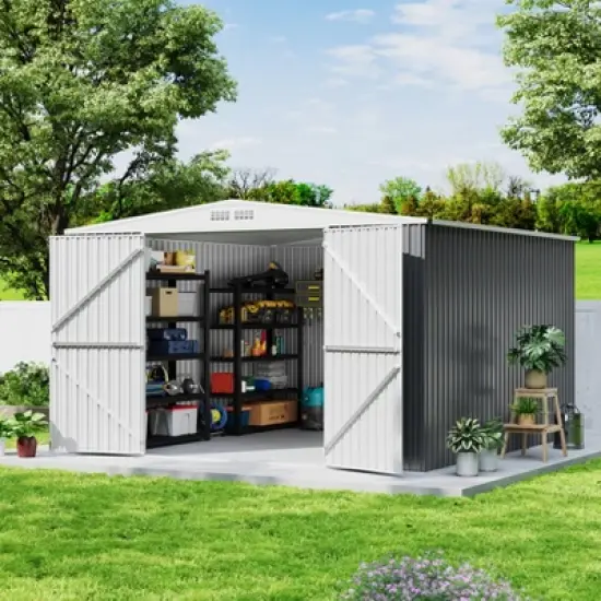 Outdoor Storage Shed 10X10FT, Large Utility Tool Shed Metal Storage Garden Shed with Lockable Doors for Patio Lawn Backyard Bike, Waterproof, Black image {9}